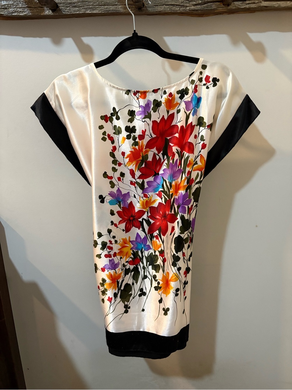 Floral Satin Boatneck Top in Ivory with Multicolor Bloom